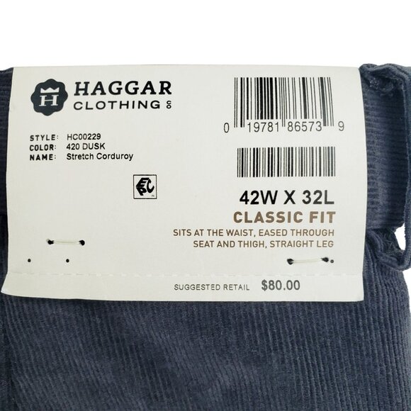 Haggar Corduroy Pants 42X32 Dusk Gray Classic Fit Stretch Expandable Waist NWT - Picture 2 of 12